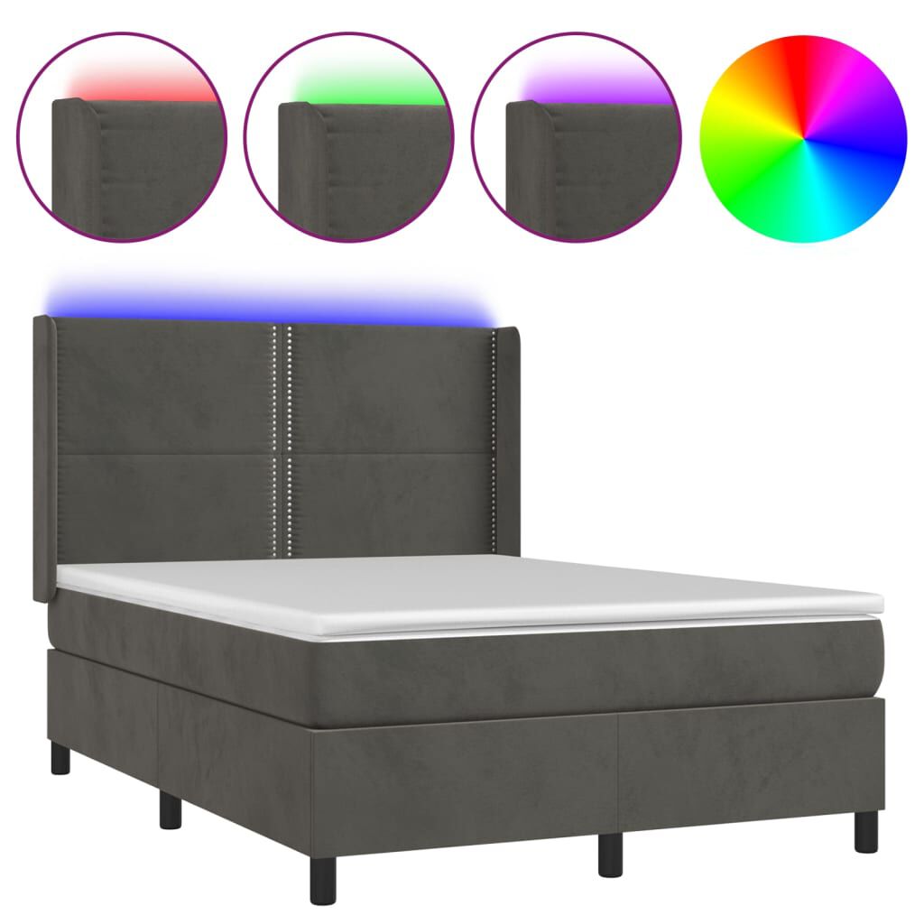 vidaXL Κρεβάτι Boxspring με Στρώμα & LED Σκ. Γκρι 140x200εκ. Βελούδινο