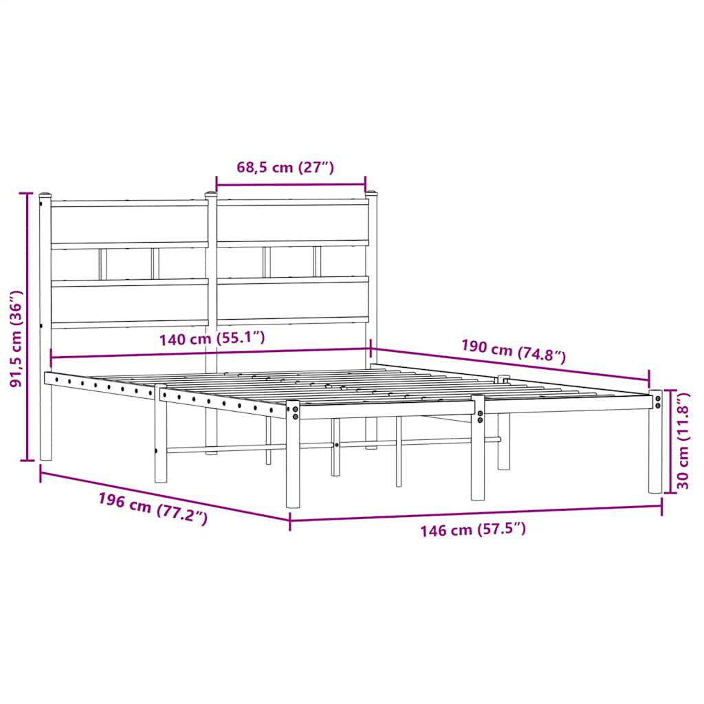 vidaXL Σκελετός Κρεβ. Χωρίς Στρώμα Sonoma Δρυς 140x190 εκ. Μεταλλικό