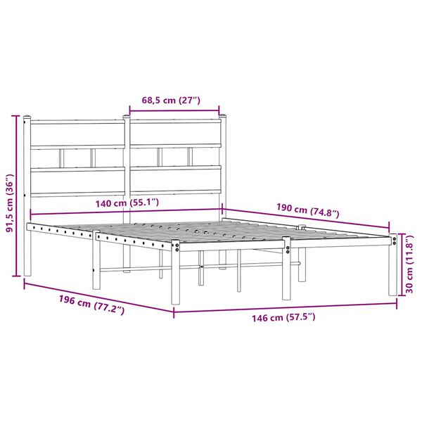 vidaXL Σκελετός Κρεβ. Χωρίς Στρώμα Sonoma Δρυς 140x190 εκ. Μεταλλικό