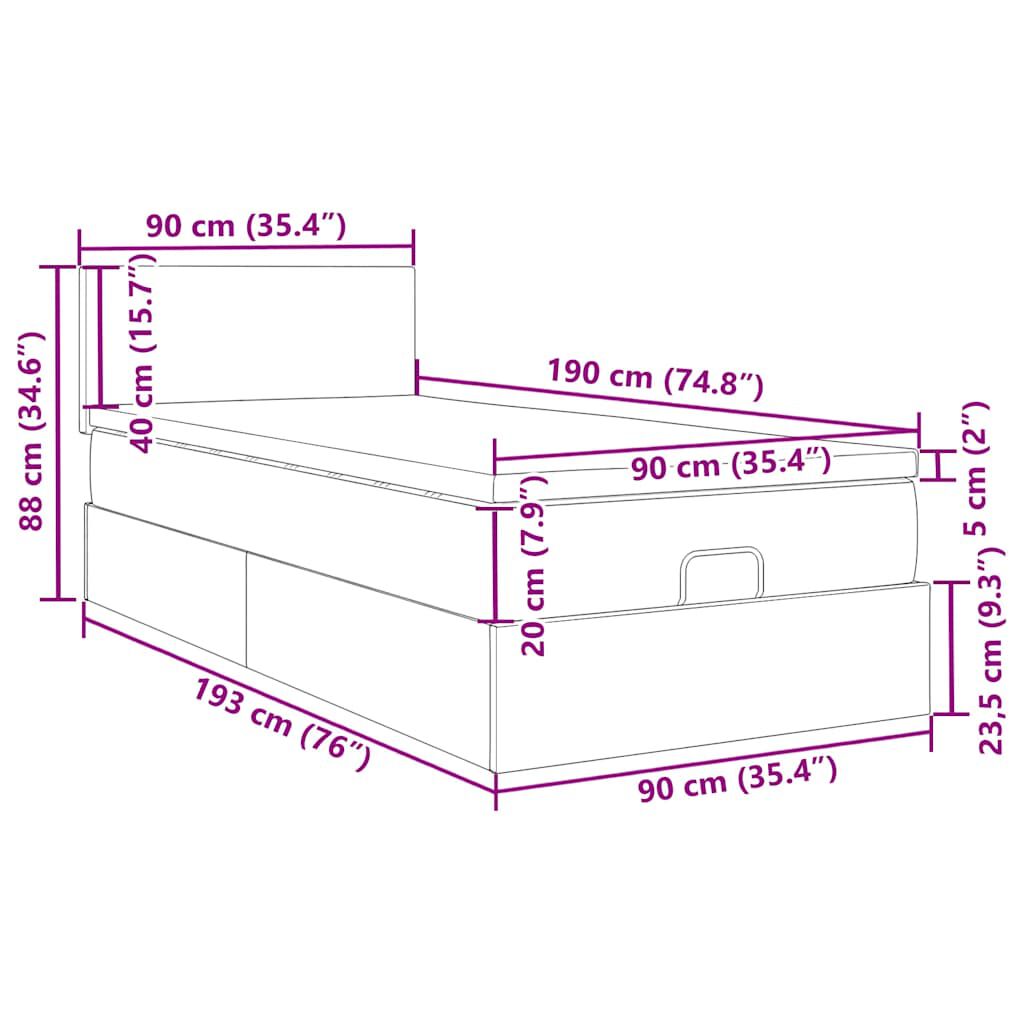 vidaXL Οθωμανικό κρεβάτι με στρώμα σκούρο γκρι 90x190cm ύφασμα