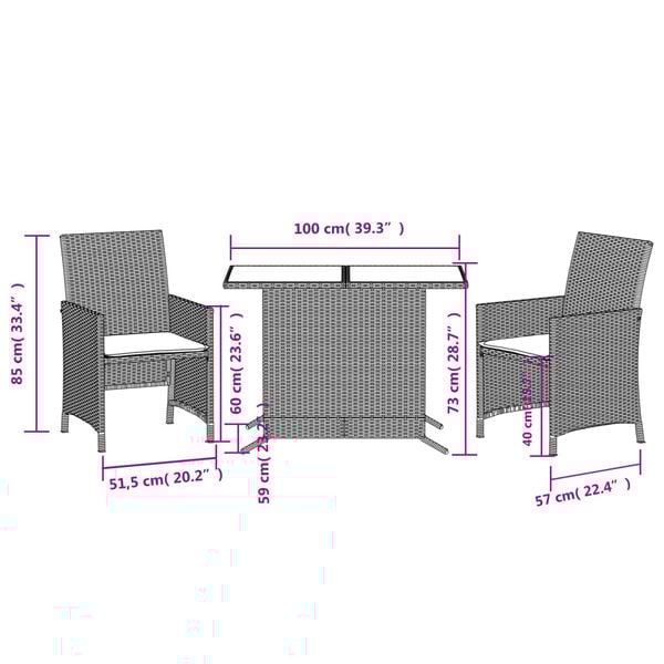 vidaXL Σετ Επίπλων Bistro 3 τεμ Γκρι Συνθετικό Ρατάν με Μαξιλάρια