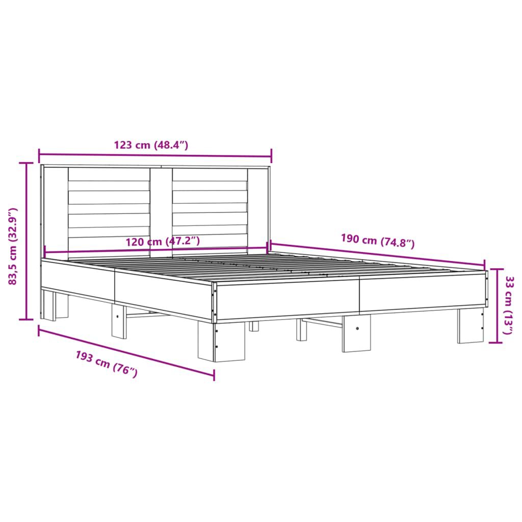vidaXL Πλαίσιο Κρεβατιού Γκρι Sonoma 120 x 190εκ. Επεξ. Ξύλο & Μέταλλο