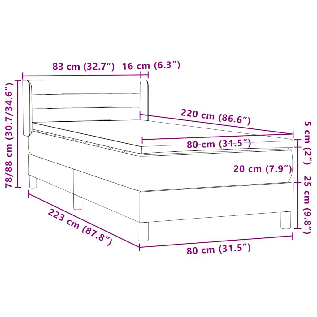 vidaXL Box Spring κρεβάτι με στρώμα ανοιχτό γκρι 80x220 cm Βελούδινο
