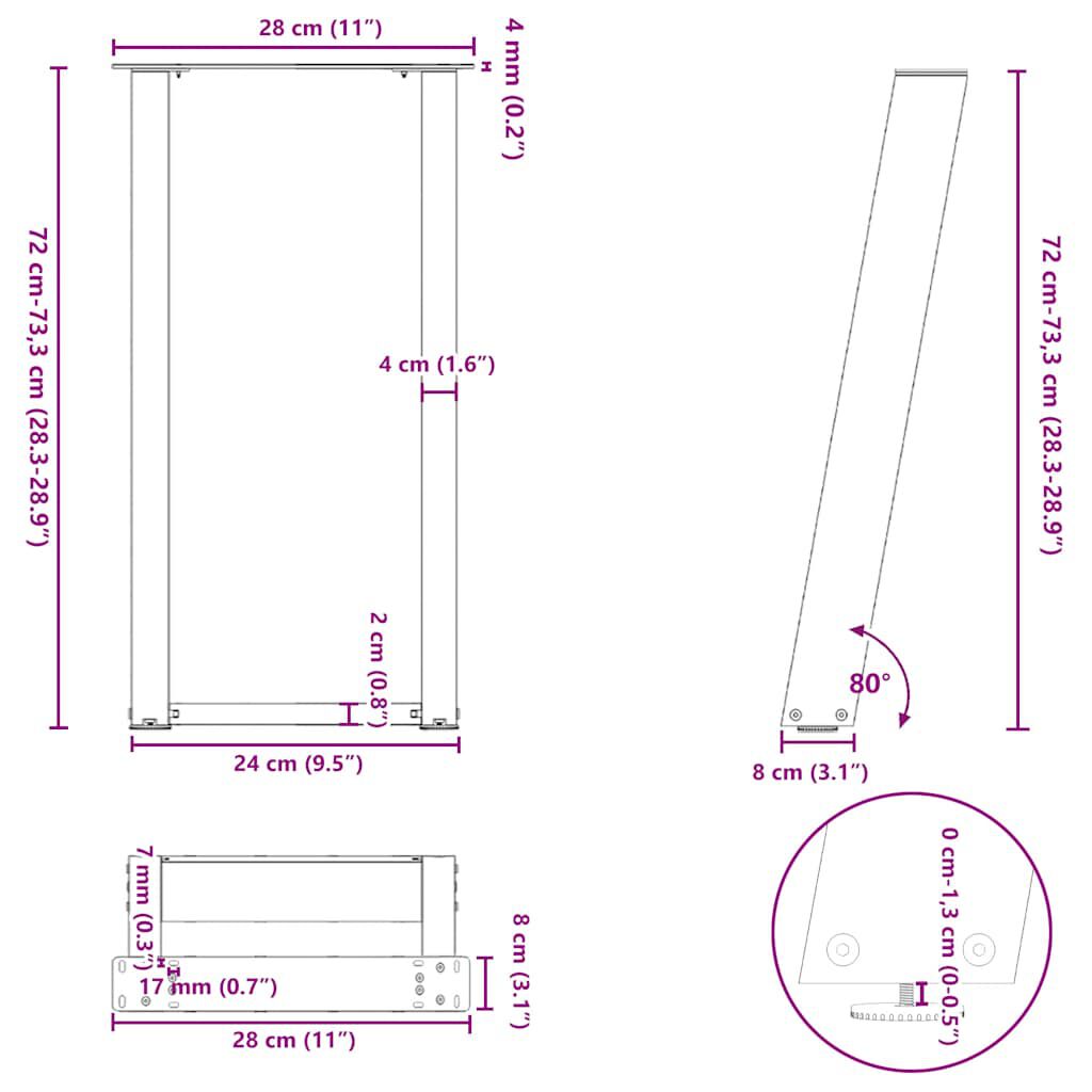 vidaXL Πόδια Κονσόλας σε Σχήμα U 2 τεμ. Μαύρο 28x(72-73) εκ. Ατσάλι