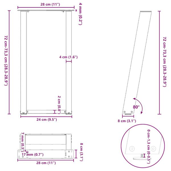 vidaXL Πόδια Κονσόλας σε Σχήμα U 2 τεμ. Μαύρο 28x(72-73) εκ. Ατσάλι