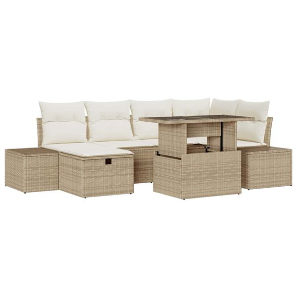 vidaXL Σετ Καναπέ Κήπου με μαξιλάρι 7 pcs Μπεζ Πολυ ράταν