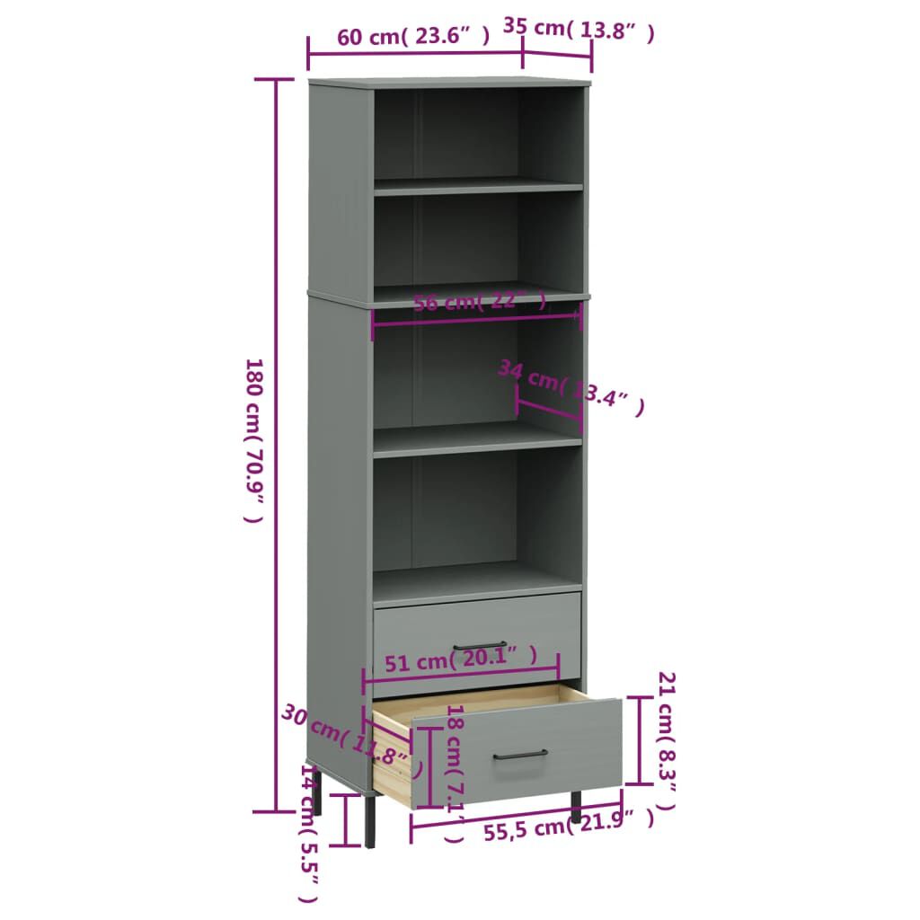 vidaXL Βιβλιοθήκη OSLO με 2 Συρτάρια Γκρι 60x35x180 εκ. Μασίφ Ξύλο