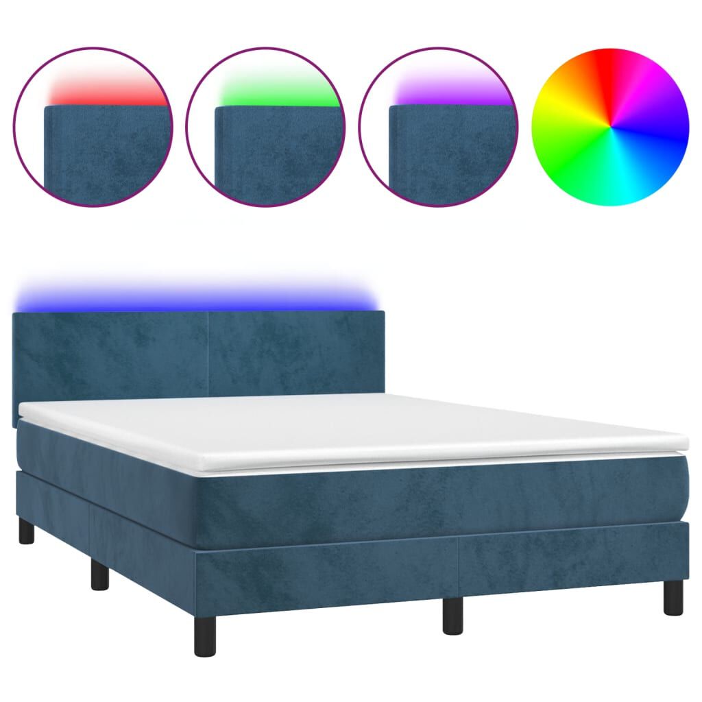 vidaXL Κρεβάτι Boxspring με Στρώμα & LED Σκ. Μπλε 140x200εκ. Βελούδινο