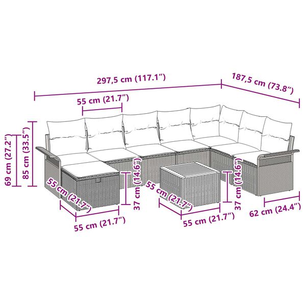 vidaXL Σετ Καναπέ Κήπου με μαξιλάρι 9 pcs Μαύρο Πολυ ράταν