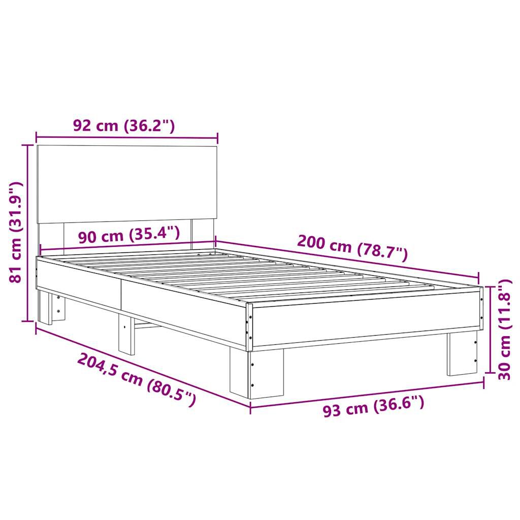 vidaXL Πλαίσιο Κρεβατιού Sonoma Δρυς 90x200 εκ. Επεξ. Ξύλο & Μέταλλο