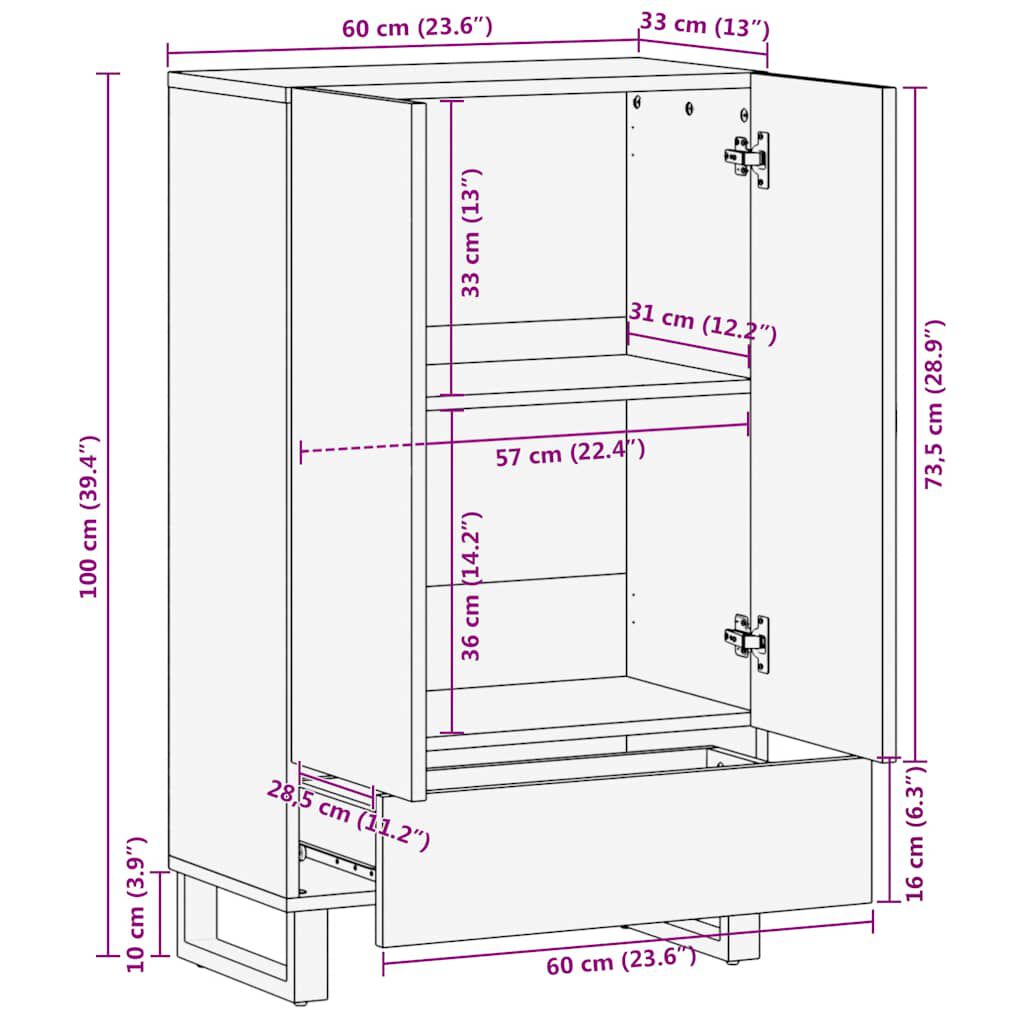 vidaXL Ντουλάπι Μαύρο 60 x 33 x 110 εκ. από Μασίφ Ξύλο Μάνγκο