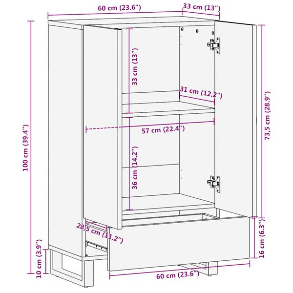 vidaXL Ντουλάπι Μαύρο 60 x 33 x 110 εκ. από Μασίφ Ξύλο Μάνγκο