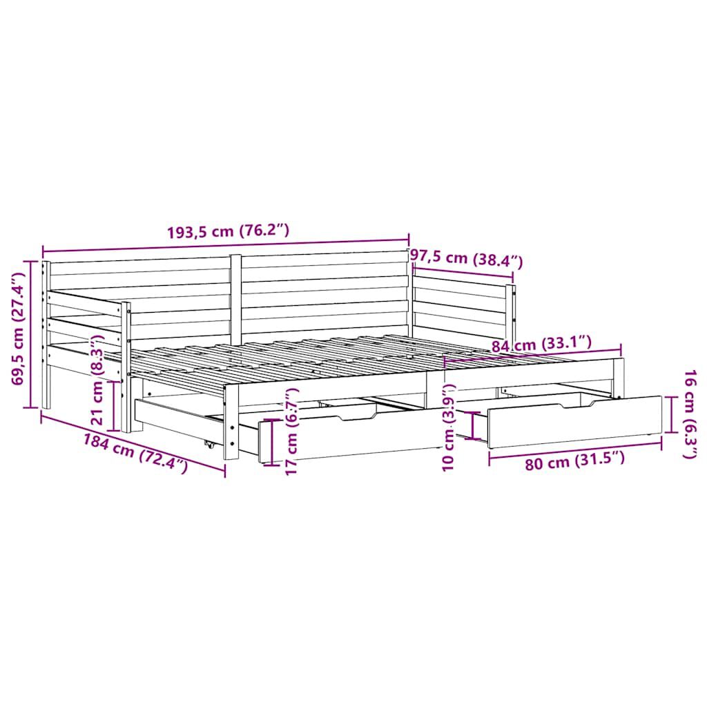 vidaXL Καναπές Κρεβάτι Συρόμενος Χωρίς Στρώμα 90x190 εκ. & Συρτάρια