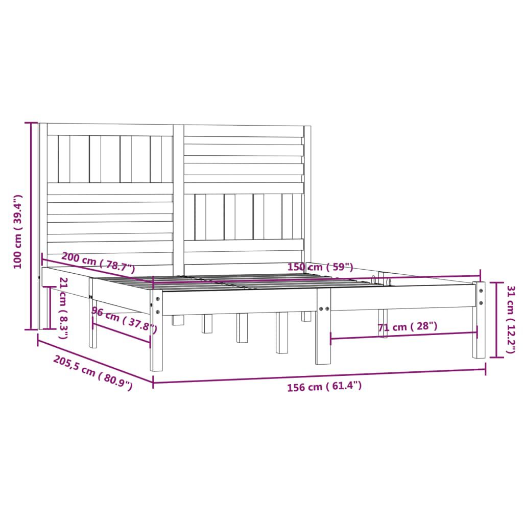 vidaXL Σκελετός Κρεβατιού Μαύρος 150x200εκ Μασίφ Ξύλο Πεύκου King Size