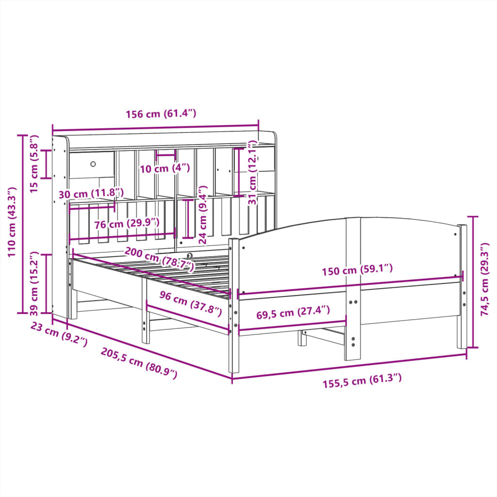 vidaXL Κρεβάτι Βιβλιοθήκη Χωρίς Στρώμα 150x200 εκ Μασίφ Ξύλο Πεύκου