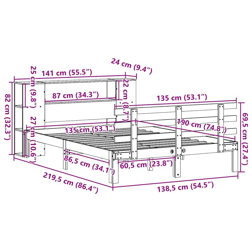 vidaXL Κρεβάτι Βιβλιοθήκη Χωρίς Στρώμα Λευκό 135x190 εκ Μασίφ Πεύκο