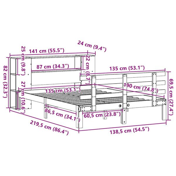 vidaXL Κρεβάτι Βιβλιοθήκη Χωρίς Στρώμα Λευκό 135x190 εκ Μασίφ Πεύκο