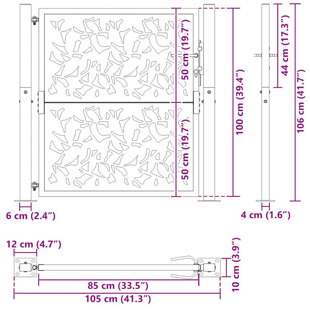 vidaXL Πύλη κήπου Μαύρη 105x106 cm Σχεδιασμός φύλλων χάλυβα
