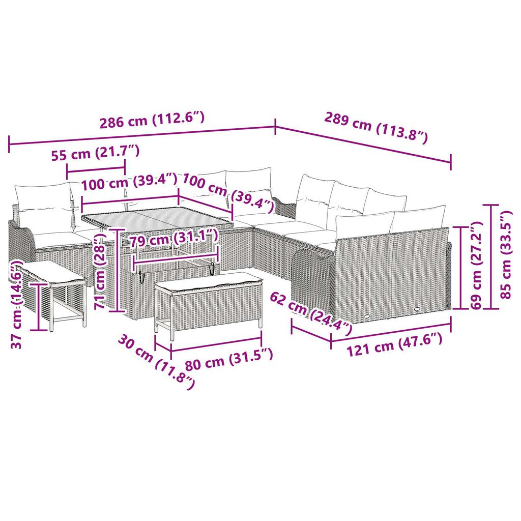 vidaXL Σετ Καναπέ Κήπου 13 pcs Μαύρο συνθετικό ρατάν