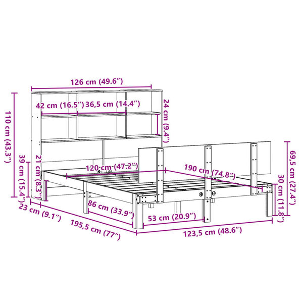 vidaXL Κρεβάτι Βιβλιοθήκη Χωρίς Στρώμα 120x190 εκ Μασίφ Ξύλο Πεύκου