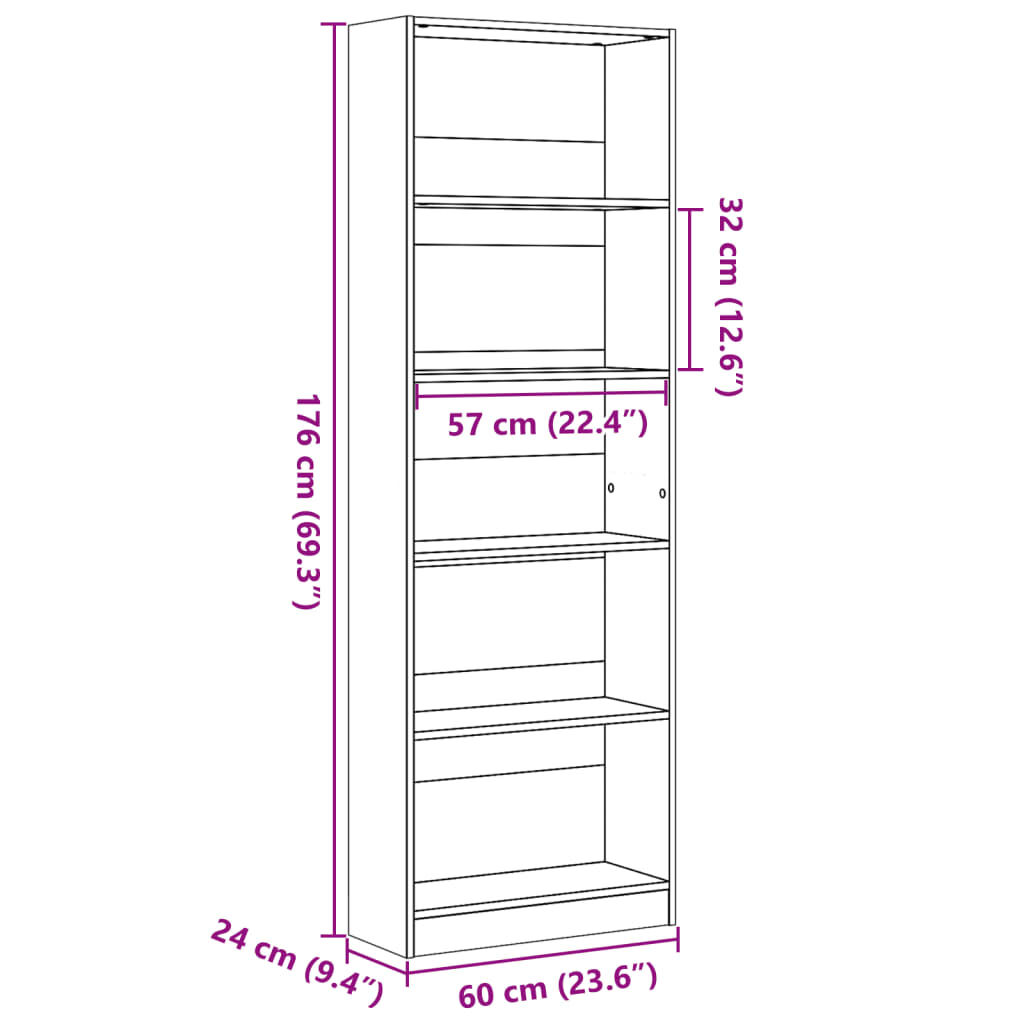 vidaXL Βιβλιοθήκη Καφέ Δρυς 60x24x176 εκ. από Επεξεργασμένο Ξύλο