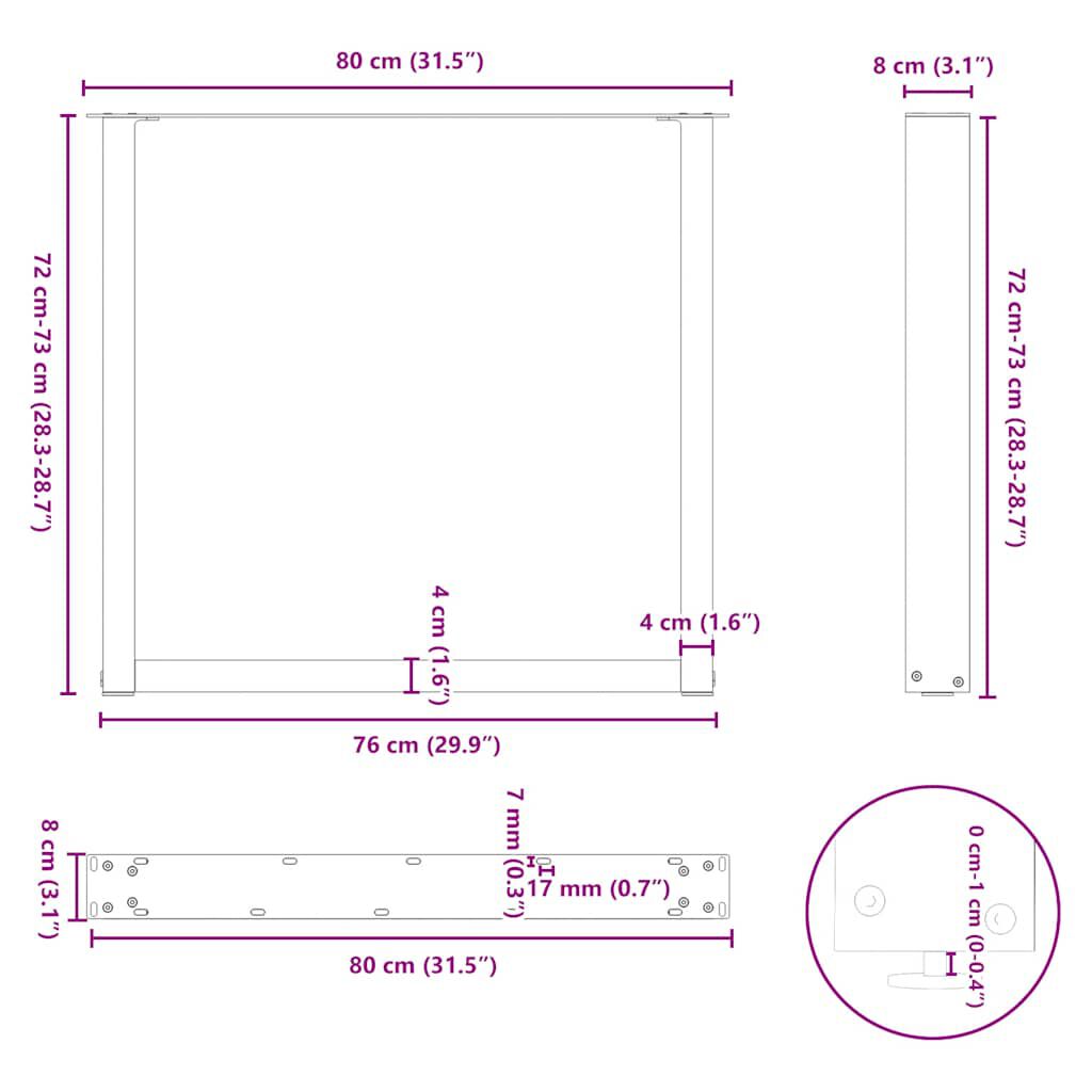 vidaXL Πόδια τραπεζαρίας σχήμα U 2τεμάχια Μαύρο 80x(72-73)cm Χάλυβας