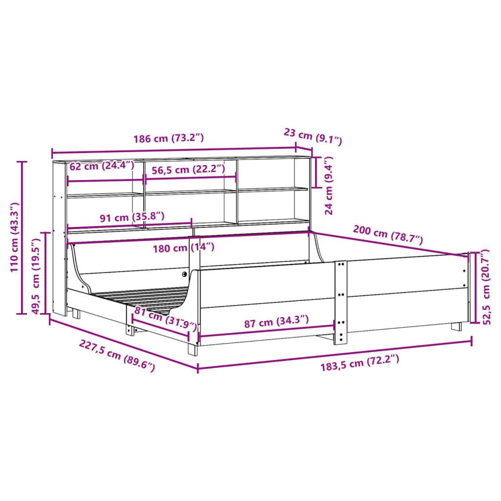 vidaXL Κρεβάτι Βιβλιοθήκη Χωρίς Στρώμα 180x200 εκ Μασίφ Ξύλο