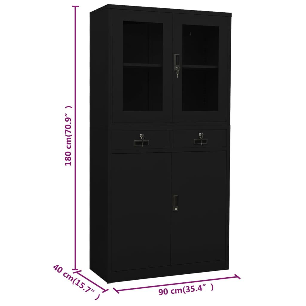 vidaXL Ντουλάπα Γραφείου Μαύρη 90x40x180 εκ. από Ατσάλι / Ψημένο Γυαλί