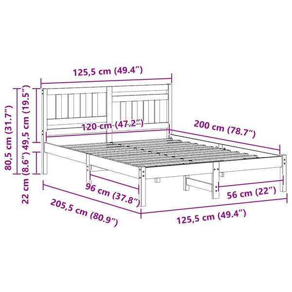 vidaXL Σκελετός Κρεβατιού Καφέ 120 x 200 cm Μασίφ ξύλο πεύκου