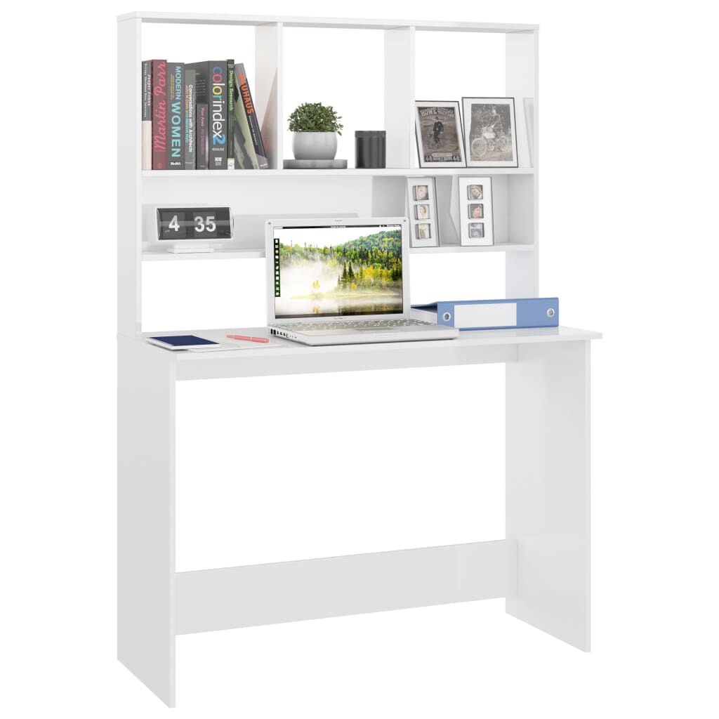 vidaXL Γραφείο με Ράφια Γυαλιστερό Λευκό 110x45x157 εκ. Μοριοσανίδα