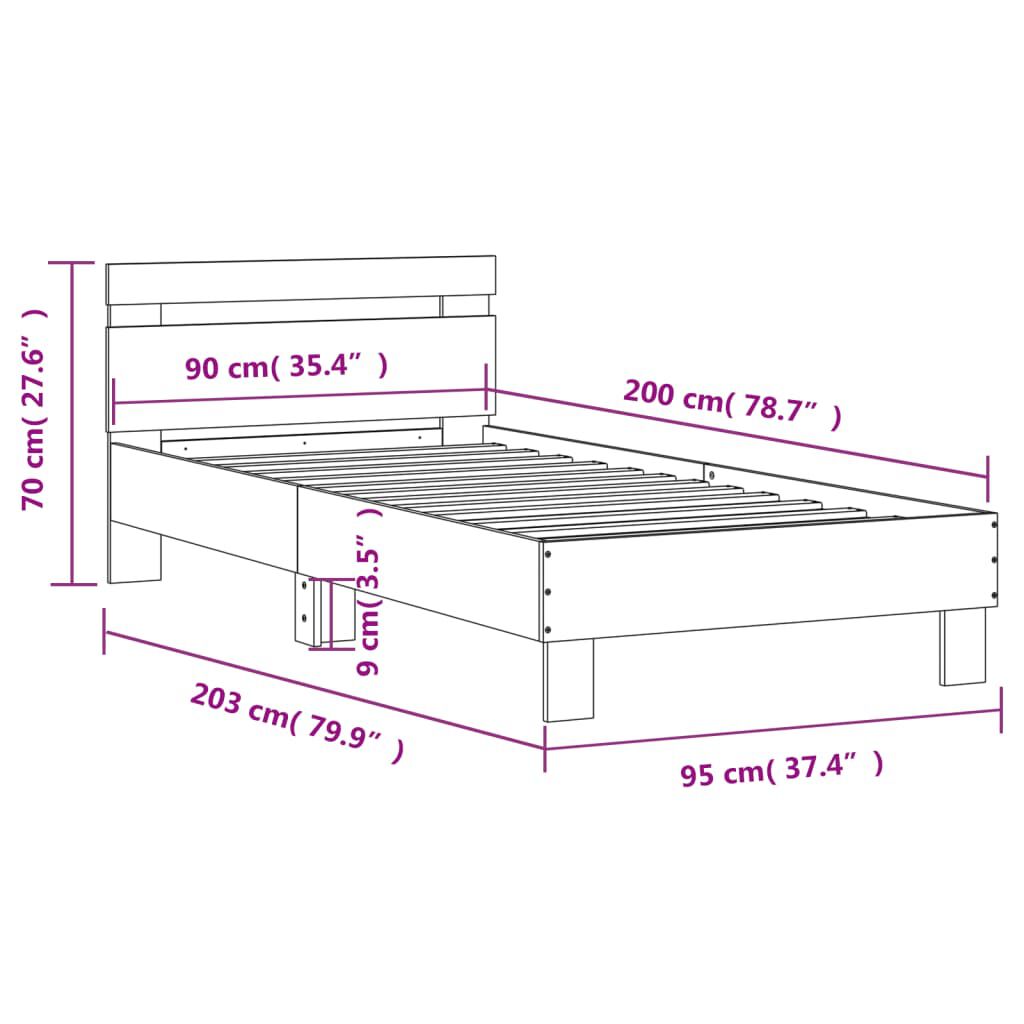 vidaXL Πλαίσιο Κρεβατιού με Κεφαλάρι και LED Γκρι sonoma 90 x 200 εκ.