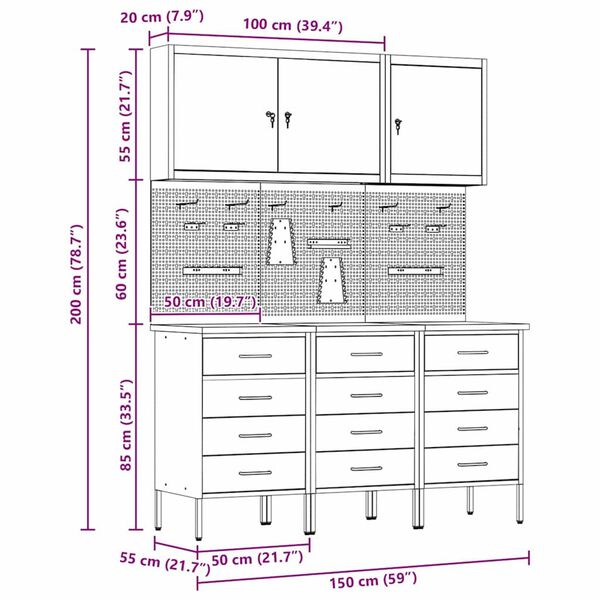 vidaXL Πάγκος εργασίας με συρτάρι 8 pcs Μαύρο 150 x 55 x 200 εκ Ατσάλι