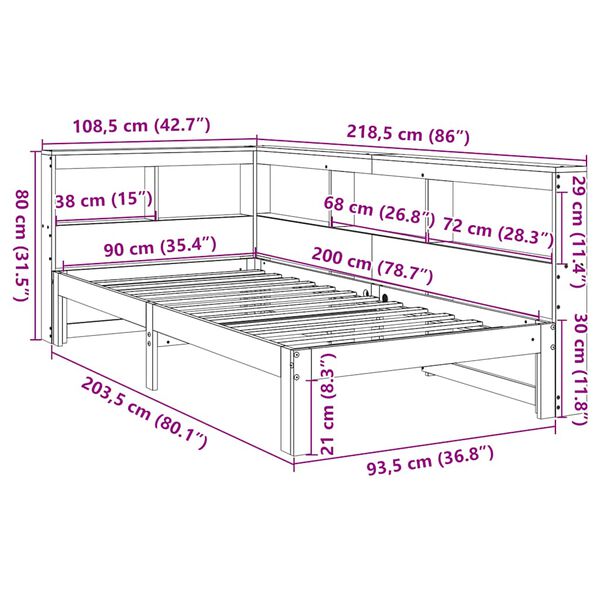 vidaXL Κρεβάτι Βιβλιοθήκη Χωρίς Στρώμα 90x200 εκ Μασίφ Ξύλο Πεύκου
