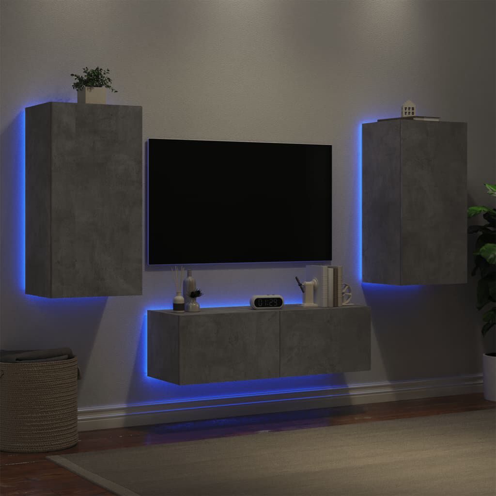 vidaXL Ντουλάπια Τηλεόρασης Τοίχου 3Τεμ. με Φώτα LED Γκρι Σκυροδέματος