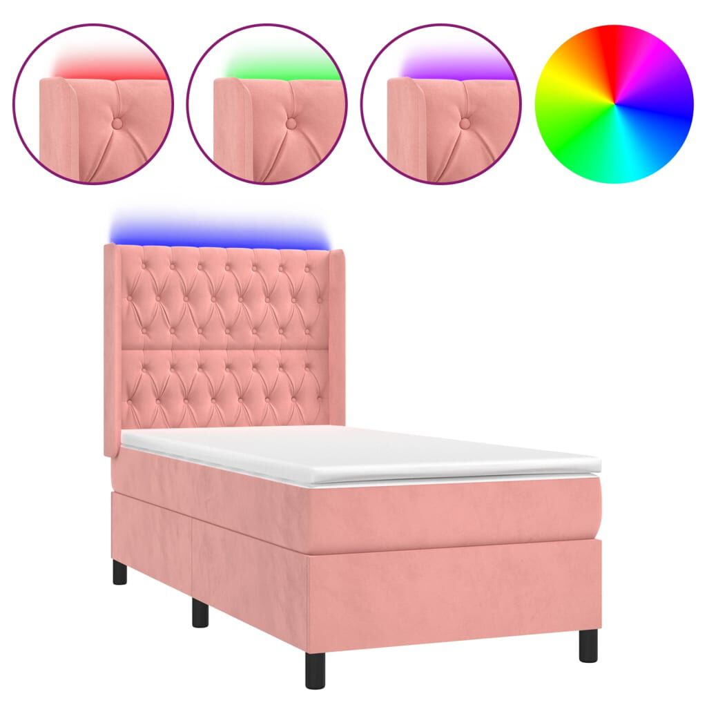 vidaXL Κρεβάτι Boxspring με Στρώμα & LED Ροζ 100x200 εκ. Βελούδινο