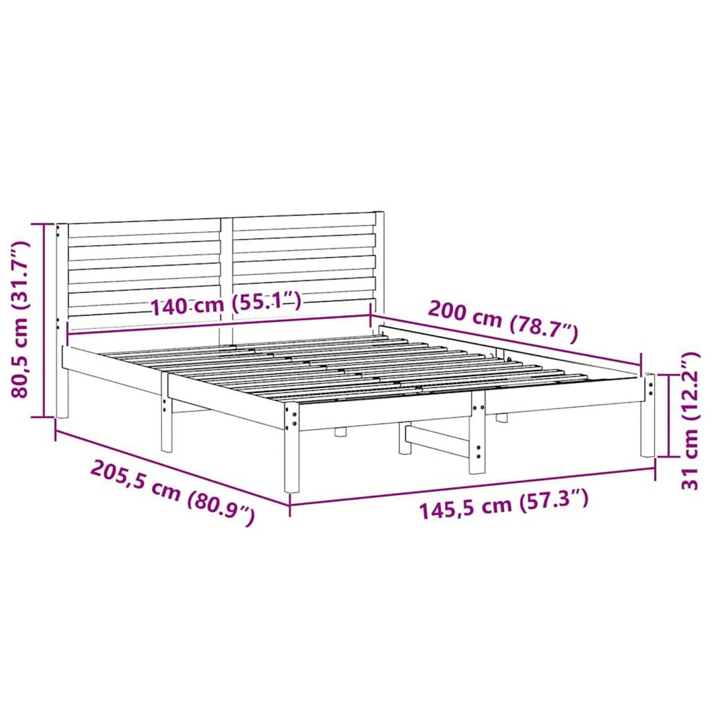 vidaXL Σκελετός Κρεβατιού Καφέ 140 x 200 cm Μασίφ ξύλο πεύκου