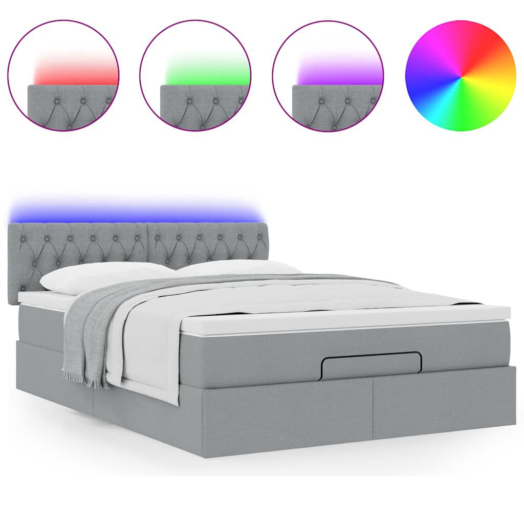 vidaXL Οθωμανικό κρεβάτι με στρώμα&LEDs Ανοιχτό γκρι 140x190cm Ύφασμα