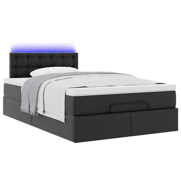 vidaXL Οθωμανικό κρεβάτι με στρώματα & LEDs Μαύρο Faux Leather