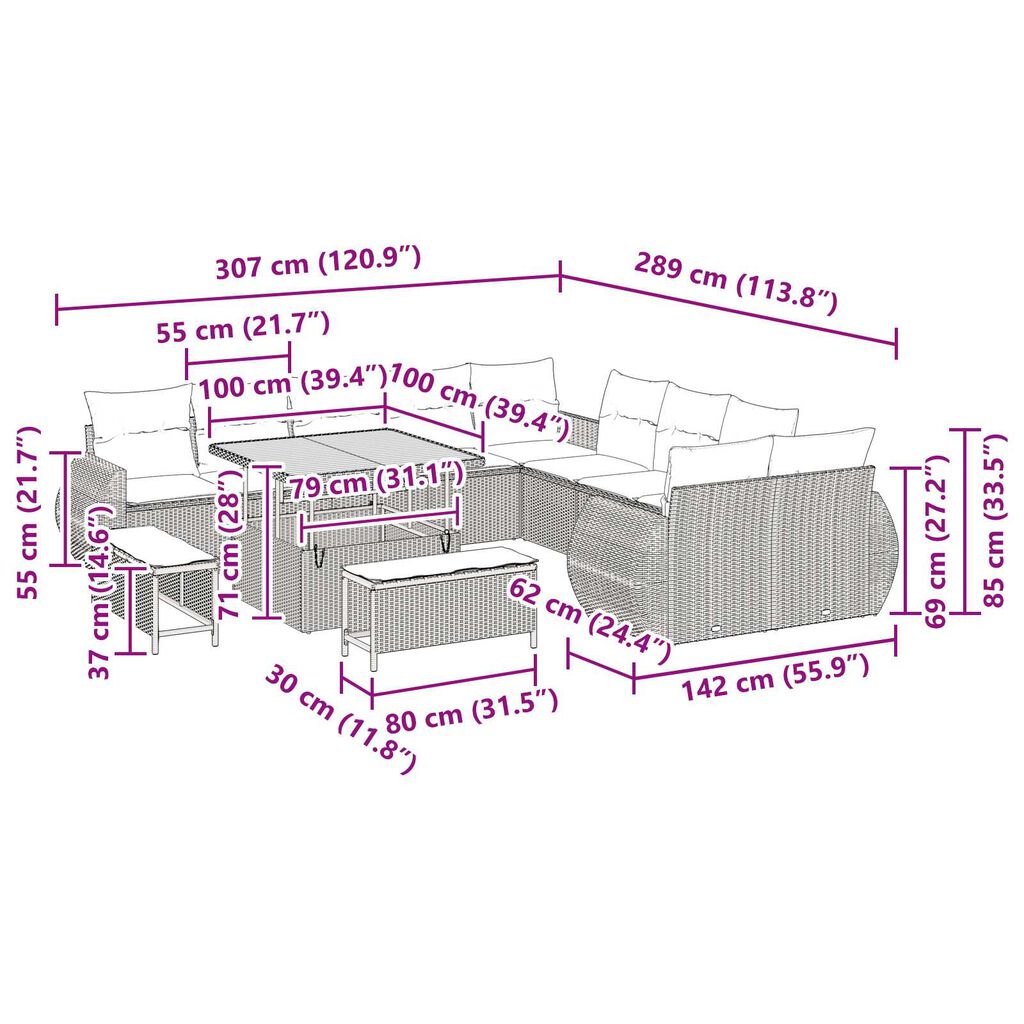 vidaXL Σετ Καναπέ Κήπου 13 pcs μπεζ και ανοιχτό γκρι 100 x 100 x 71 cm