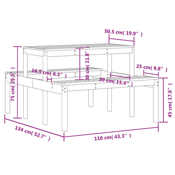 vidaXL Τραπέζι Πικνίκ 110 x 134 x 75 εκ. από Μασίφ Ξύλο Πεύκου