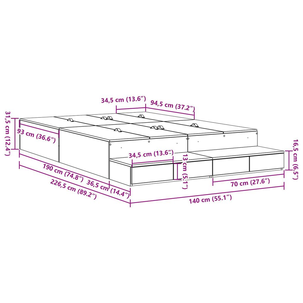 vidaXL Κρεβάτι αποθήκευσης από φυσικό δρυς 140x190 εκ.