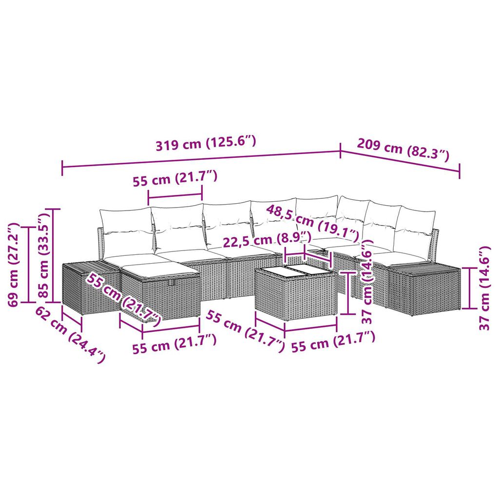 vidaXL Σετ Καναπέ Κήπου 9 pcs Μπεζ 55 x 62 x 69 εκ Πολυ ράταν