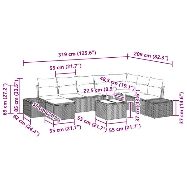 vidaXL Σετ Καναπέ Κήπου 9 pcs Μπεζ 55 x 62 x 69 εκ Πολυ ράταν