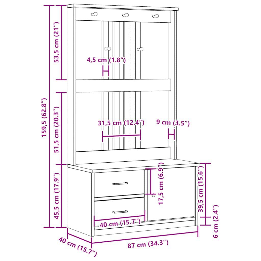 vidaXL Δέντρο χωλ "SANDENS" 87x40x159,5 εκ. Πεύκο μασίφ ξύλο