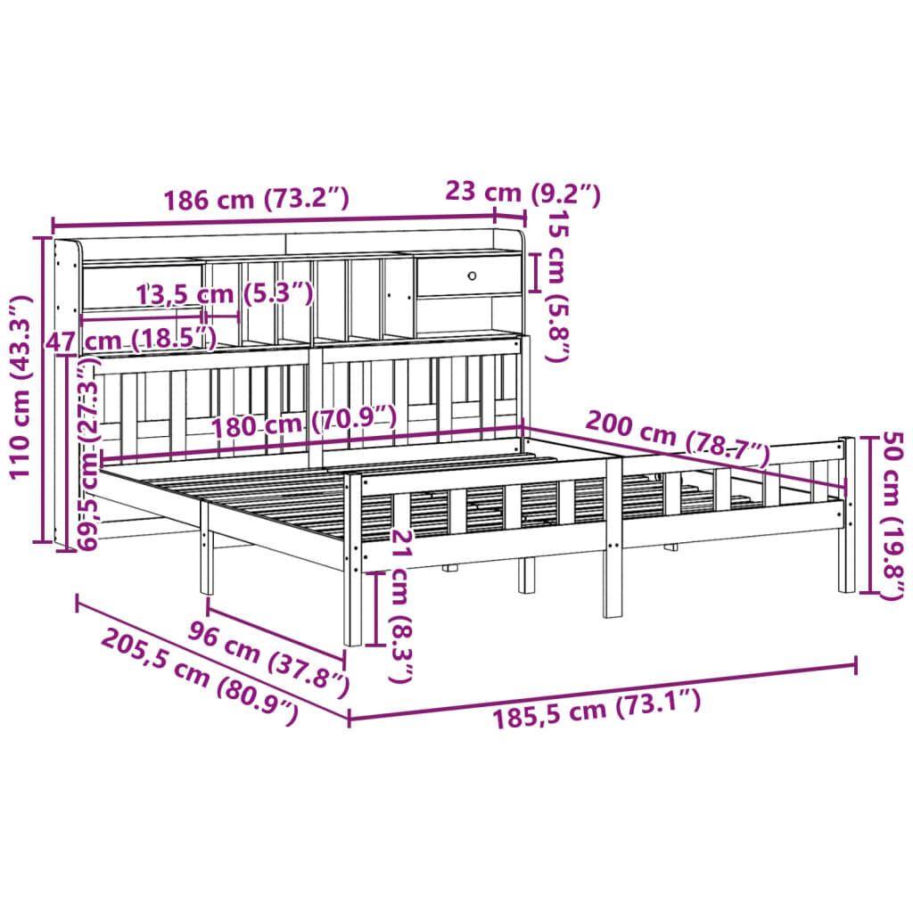 vidaXL Κρεβάτι Βιβλιοθήκη Χωρίς Στρώμα 180x200 εκ Μασίφ Ξύλο Πεύκου