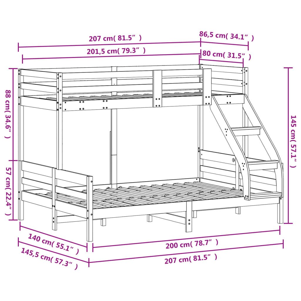 vidaXL Κουκέτα 80x200/140x200 εκ. Λευκό από Μασίφ Ξύλο Πεύκου