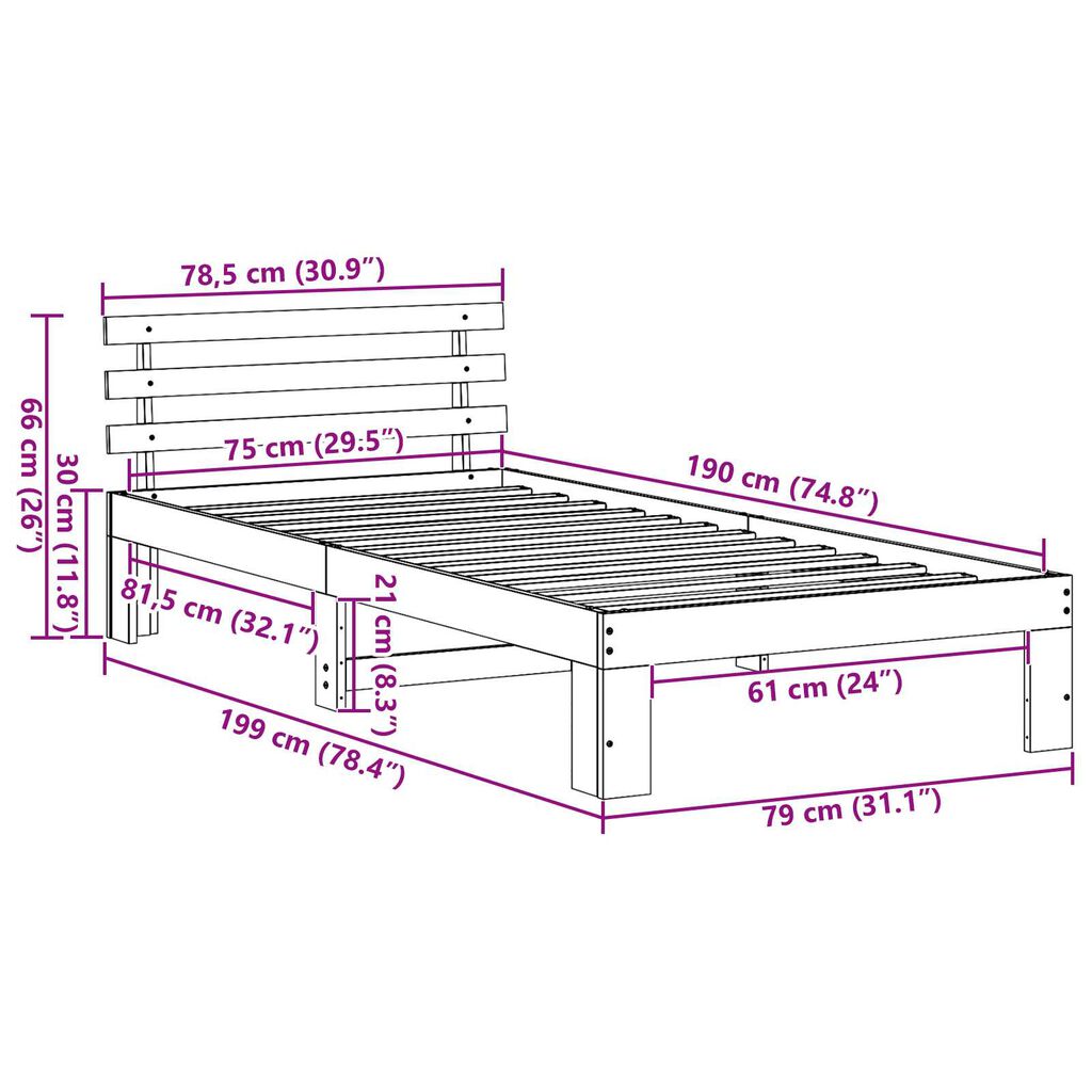 vidaXL Κρεβάτι Ξύλου Πεύκου Φυσικό Ξύλο 75 x 190 cm Κρεβάτι Ορθογώνιο