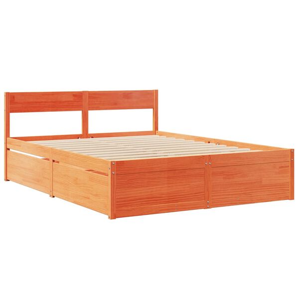 vidaXL Κρεβάτι με Συρτάρια+Στρώμα Καφέ 140x200 εκ. Μασίφ Ξύλο Πεύκου