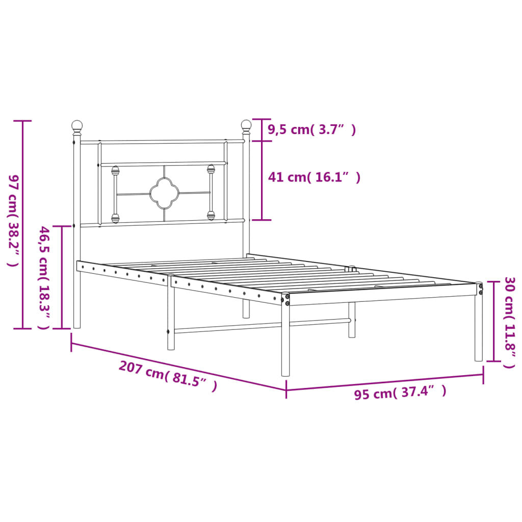 vidaXL Πλαίσιο Κρεβατιού με Κεφαλάρι Μαύρο 90 x 200 εκ. Μεταλλικό