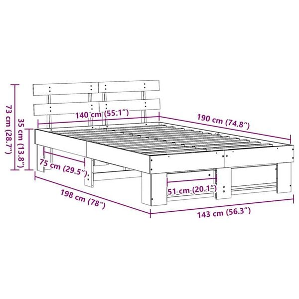 vidaXL Σκελετός Κρεβατιού Λευκό 140 x 190 cm Μασίφ ξύλο πεύκου